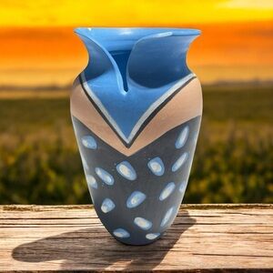 Blue & Beige Artistic Vase, Native American pottery, artist signature "Atiwaha"